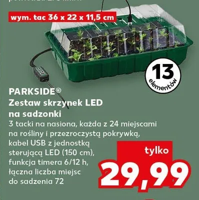 Zestaw skrzynek LED na sadzonki x tacki na nasiona, każda z 24 miejscami na rośliny i przezroczystą pokrywką, kabel USB z jednostką sterującą LED (150 cm), funkcja timera 6/12 h, łączna liczba miejsc do sadzenia 72 promocja w Kaufland