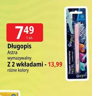 Długopis wymazywalny Astra z dwoma wkładami promocja w Leclerc