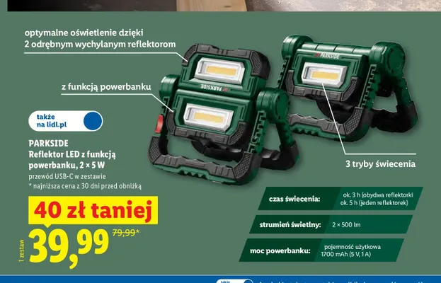 Reflektor LED z funkcją powerbanku Parkside promocja w Lidl