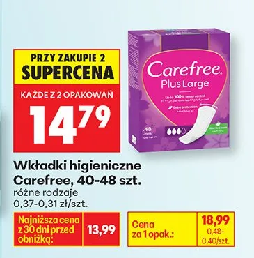 Wkładki higieniczne Carefree Plus Large różne rodzaje promocja w Biedronka