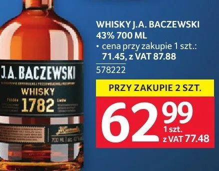Whisky J.A. Baczewski 43% 500 ml promocja w Selgros