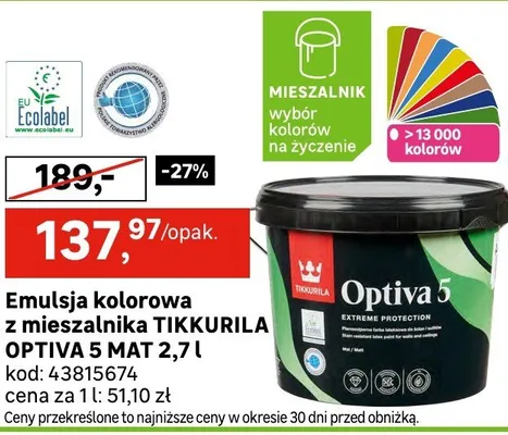 Emulsja kolorowa z mieszalnika TIKKURILA OPTIVA 5 MAT 2,7l promocja w Leroy Merlin