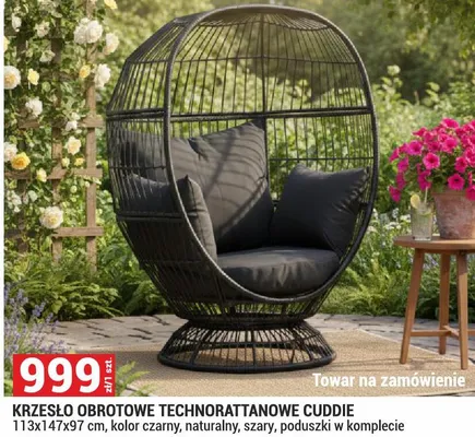 Krzesło obrotowe technorattanowe Cuddie 113x147x97 cm, kolor czarny, naturalny, szary, poduszki w komplecie promocja w Merkury Market