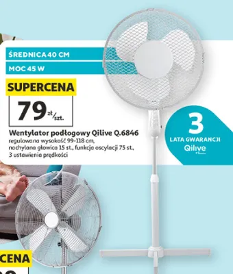 Wentylator podłogowy Qilive Q.6846 średnica 40cm moc 45W regulowana wysokość 99-118cm nachylana głowica 15 st. funkcja oscylacji 75 st. 3 ustawienia prędkości promocja w Auchan