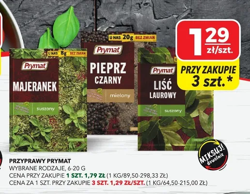 Przyprawy wybrane rodzaje: majeranek, pieprz czarny, liść laurowy Prymat promocja w Top Market