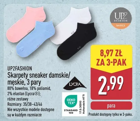 Skarpety sneaker damskie/męskie, 3 pary promocja w Aldi