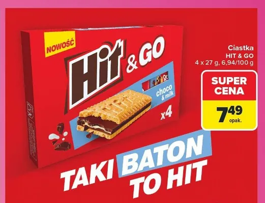 Ciastka Hit & Go choco & milk 4-pak promocja w Carrefour