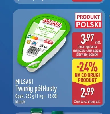Twaróg półtłusty klinek Milsani promocja w Aldi