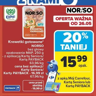 Krewetki gotowane NORSO bez głowy promocja w Carrefour