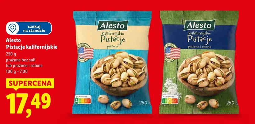 Pistacje kalifornijskie prażone bez soli promocja w Lidl