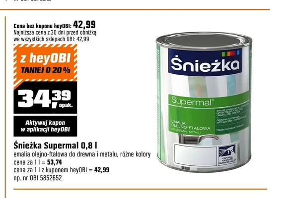 Emalia olejno-ftalowa Śnieżka Supermal promocja w OBI
