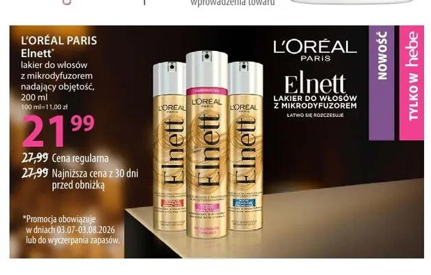 Lakier do włosów z mikrodyfuzorem nadający objętość L'Oréal Paris Elnett promocja w Hebe