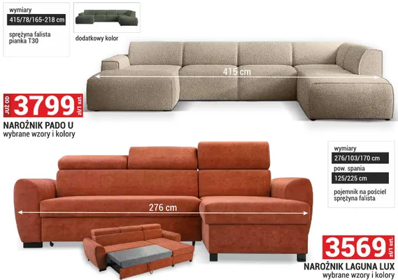 Narożnik Pado U wybrane wzory i kolory 415/78/165-218cm sprężyna falista pianka T30 promocja w Merkury Market