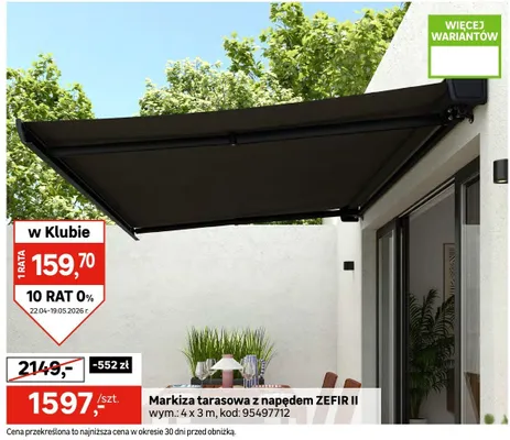 Markiza tarasowa z napędem zefir ii wym.: 4x3m promocja w Leroy Merlin