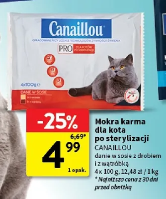 Mokra karma dla kota po sterylizacji Canaillou danie w sosie z drobiem i z wątróbką promocja w Intermarche