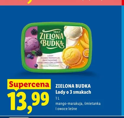 Lody o 3 smakach mango-marakuja, śmietanka i owoce leśne ZIELONA BUDKA promocja w Lidl