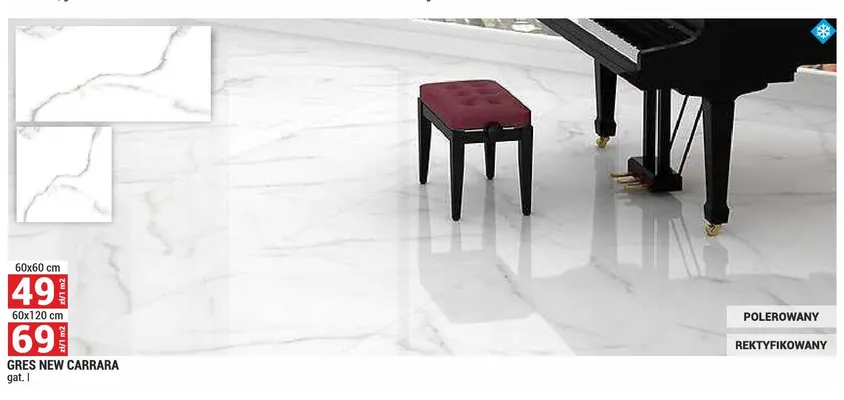 Gres New Carrara polerowany rektyfikowany 60x60 cm promocja w Merkury Market