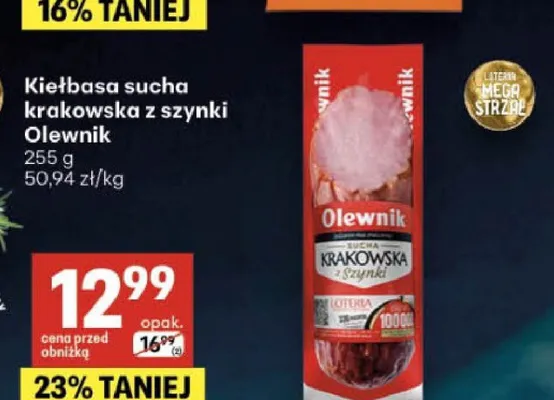 Kiełbasa sucha krakowska z szynki Olewnik promocja w Delikatesy Centrum