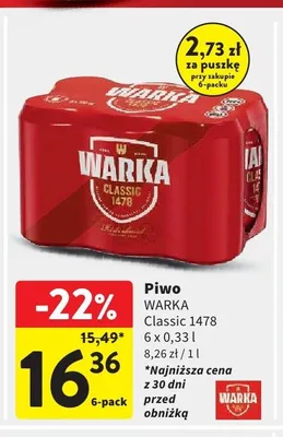 Piwo Warka Classic 1478 6-pak 330ml promocja w Intermarche