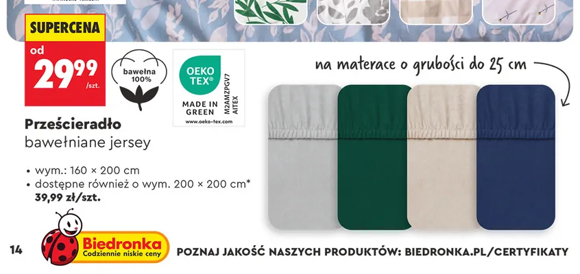 Prześcieradło bawełniane jersey 160x200 cm promocja w Biedronka