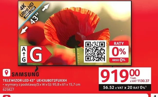 Telewizor LED Samsung 43'' UE43U8072FUXXH 4K Ultra HD 3840x2160 95,8x61x15,7cm promocja w Selgros