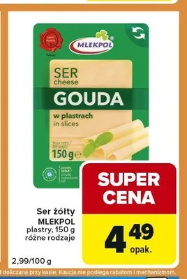 Ser żółty Mlekpol Gouda plastry promocja w Carrefour Express