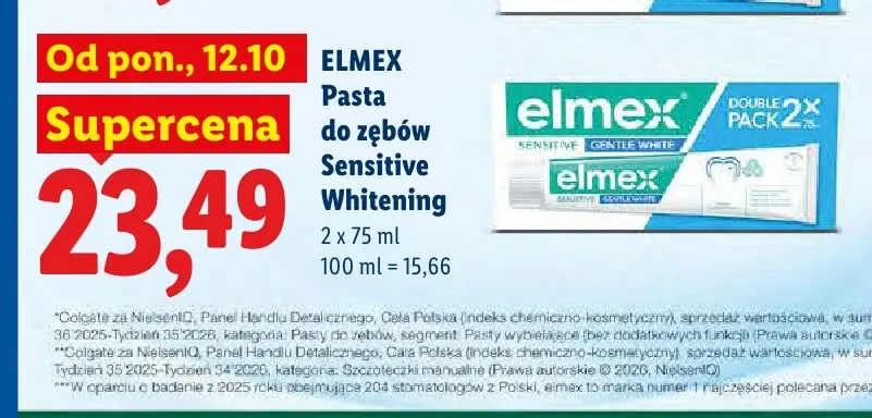 Pasta do zębów Sensitive Whitening 2-pak Elmex promocja w Lidl