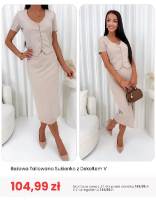 Sukienka taliowana beżowa z dekoltem V ModnaKiecka.pl Modnakiecka. Pl promocja w Modna Kiecka