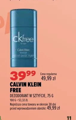 Dezodorant w sztyfcie Calvin Klein Free promocja w Drogerie Natura
