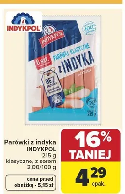 Parówki z indyka klasyczne Indykpol promocja w Carrefour Market