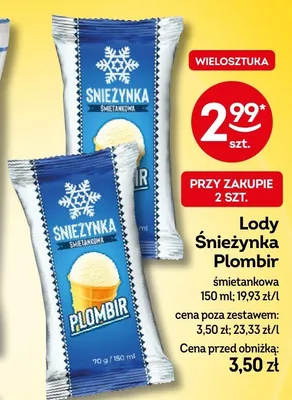 Lody Śnieżynka Plombir śmietankowa promocja w Żabka
