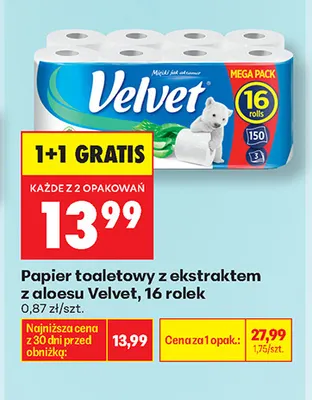 Papier toaletowy z ekstraktem z aloesu Velvet 16-pak promocja w Biedronka