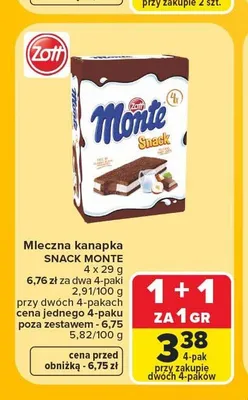 Mleczna kanapka Zott Monte Snack 4-pak promocja w Carrefour