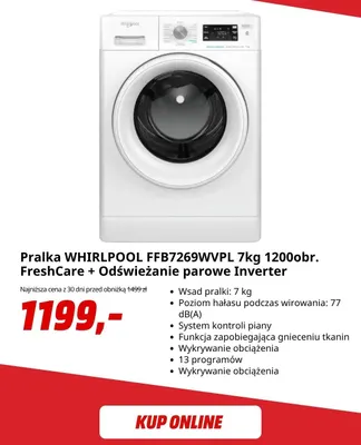 Pralka Whirlpool FFB7269WVPL 7 kg 1200obr. FreshCare + odświeżanie parowe Inverter promocja w Media Markt