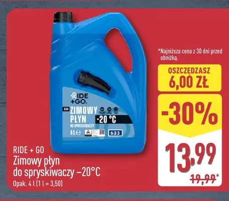 Zimowy płyn do spryskiwaczy -20°C Ride + Go promocja w Aldi