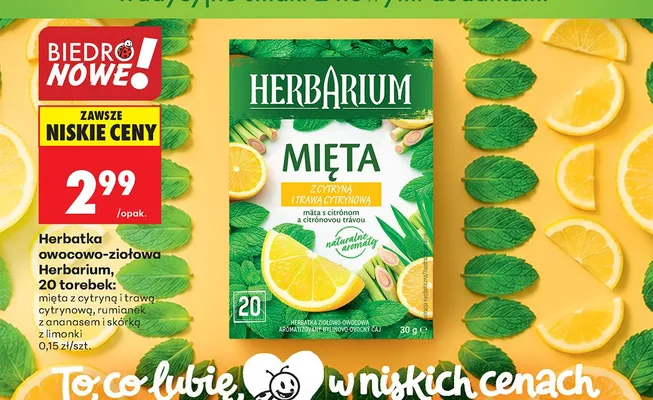 Herbatka owocowo-ziołowa Herbarium mięta z cytryną i trawą cytrynową promocja w Biedronka