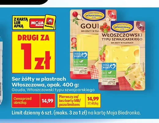Ser żółty w plastrach Włoszczowa Gouda promocja w Biedronka