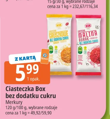 Ciasteczka Box bez dodatku cukru Malina promocja w Leclerc