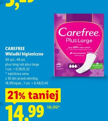 Wkładki higieniczne Carefree Plus Large promocja w Lidl