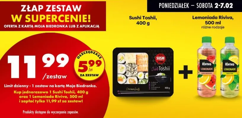 Zestaw: Sushi Toshii + Lemoniada Riviva różne rodzaje promocja w Biedronka