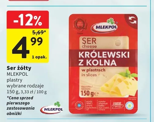 Ser żółty plastry Mlekpol Królewski z Kolna promocja w Intermarche
