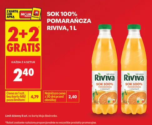 Sok pomarańcza Riviva 100% promocja w Biedronka
