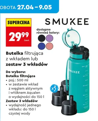 Butelka filtrująca Smukee z wkładem węgiel aktywny włókno Aqualen 500ml promocja w Biedronka