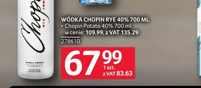 Wódka Chopin Potato 40% promocja w Selgros