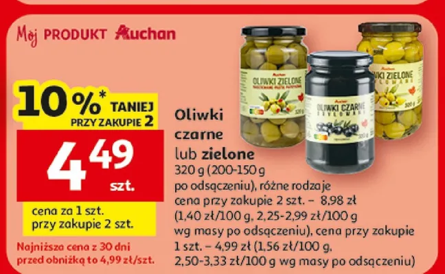 Oliwki czarne lub zielone po odsączeniu, różne rodzaje promocja w Auchan