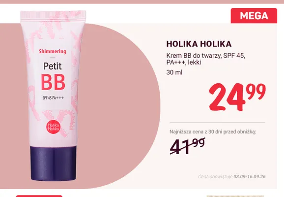 Krem BB do twarzy SPF 45 PA+++ lekki Holika promocja w Rossmann