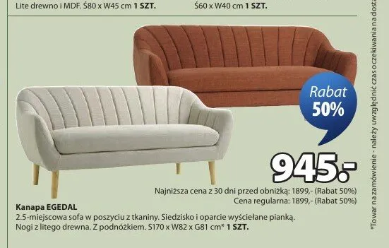 Kanapa EGEDAL 2.5-miejscowa sofa w poszyciu z tkaniny siedzisko i oparcie wyściełane pianką nogi z litego drewna z podnóżkiem S170xW82xG81cm promocja w Jysk