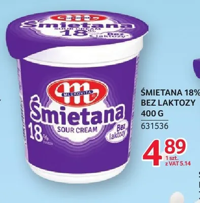 Śmietana bez laktozy Mlekovita 18% promocja w Selgros