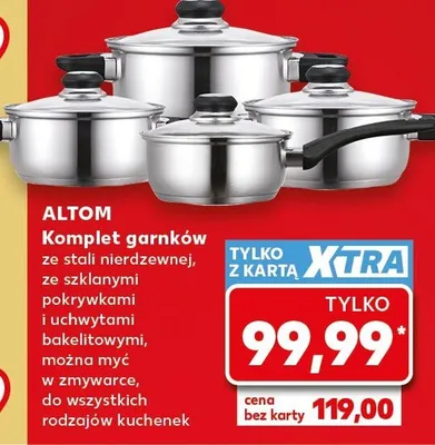 Komplet garnków Altom ze stali nierdzewnej ze szklanymi pokrywkami i uchwytami bakelitowymi można myć w zmywarce do wszystkich rodzajów kuchenek promocja w Kaufland