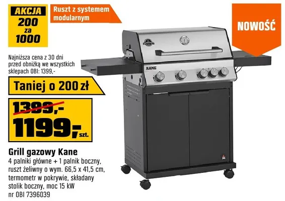 Grill gazowy Kane 4 palniki główne + 1 palnik boczny, ruszt żeliwny o wym. 66,5x41,5cm, termometr w pokrywie, składany stolik boczny, moc 15kW nr OBI 7395639 promocja w OBI